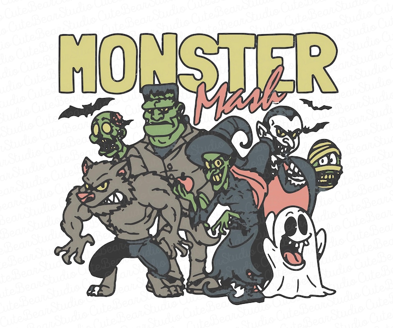 May include: A cartoon illustration of various Halloween monsters, including a werewolf, Frankenstein's monster, a zombie, a vampire, a mummy, a witch, and a ghost. The words "Monster Mash" are written across the top in a retro style.