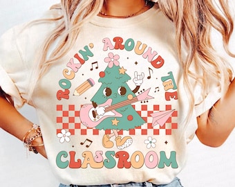 Retro Teacher Christmas Png, Rockin Around The Classroom, Christmas Teacher Shirt Design, Merry Teacher Png,Gift for Teacher, Christmas Tree
