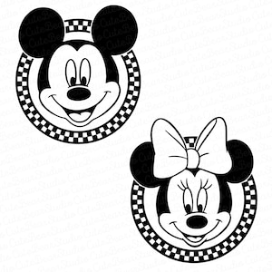 May include: Black and white illustration of Mickey Mouse and Minnie Mouse faces in a chequered circle.