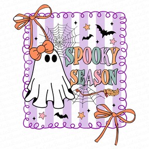 May include: A Halloween-themed graphic featuring a white ghost with a bow, a broom, spiderwebs, bats, and stars. The text "Spooky Season" is in pastel colours against a purple and white striped background, framed with a purple border and orange bows.