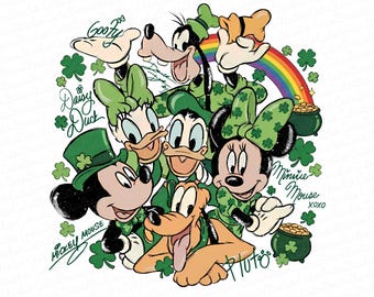 Retro Mickey And Friends St. Patrick’s Day Signatures PNG, Lucky Irish Disneyland Characters, Green Mickey Mouse Head, Mickey & Co PNG