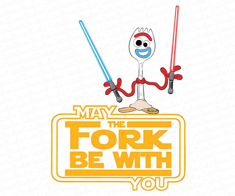 May include: A cartoon image of a fork character holding two lightsabers, one red and one blue. The text "May the Fork Be With You" is written in a yellow box.