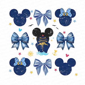May include: A collection of navy blue Mickey Mouse silhouettes, bows, and nautical elements. The designs include bows, stars, and a cruise ship, all in a watercolor style. The image has a distressed, vintage look.