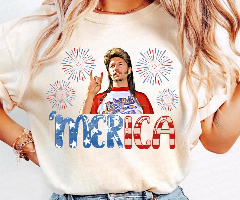May include: White t-shirt with a red, white and blue American flag design. The shirt features a cartoon image of a man with a mullet and the text "'MERICA".