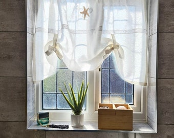 White Linen Bathroom Tie Up Curtain with Starfish Seascape Beach House embroidery