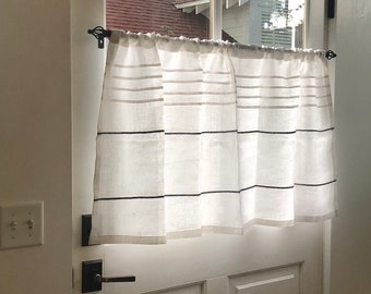 White Cafe Curtain, Linen Window Shade, Black Embroidered Farmhouse Kitchen, Cottage Decor