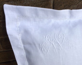 White 100% Linen Queen Pillow Sham, Custom Embroidered Monogram Luxury Oxford Pillowcase Bedding, Personalized, Heirloom Wedding Gift