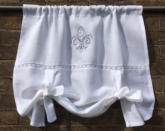 White Linen Fleur de Lis Tie Up Curtain