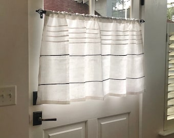 Linen Cafe Curtain, White Grey Window Curtain, Farmhouse Kitchen, Privacy Bathroom Shade Embroidery