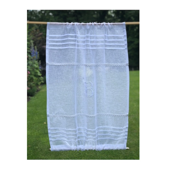 Sheer White Linen Lace Window Panel, Kitchen Cupboard Door Curtain, French White Linen Cabinet Curtain, Monogram Window Sidelight Curtain