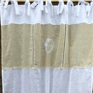 Linen Window Panel, Personalized Monogram, White Ecru Shabby Chic Drapery Curtain, French Decor image 2