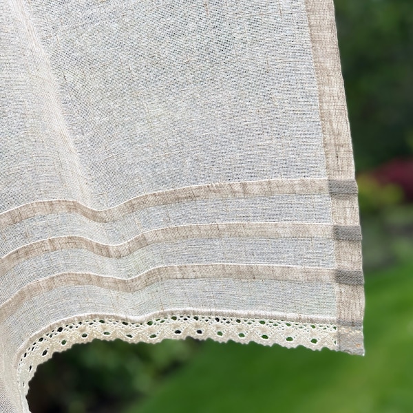 Sheer Natural Linen Lace Valance Curtain, Custom Neutral Kitchen, Bathroom Privacy, Small Bedroom Window Shade