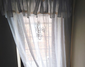 Sheer White Linen Lace Panel, Bathroom Window Curtain, New Home Gift, French Personalized Monogram Window Drapery