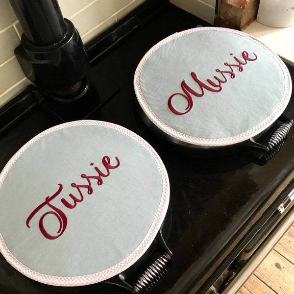 Personalised Custom Pair Aga Chef pads, Embroidered Name hot plate lid covers, Grey linen heat resistant pads