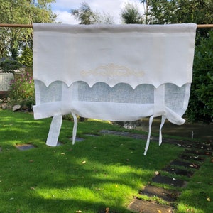 Ivory Linen Window Valance, Sheer Linen Roll up Shade, Embroidered Scroll, Bathroom Kitchen Curtain