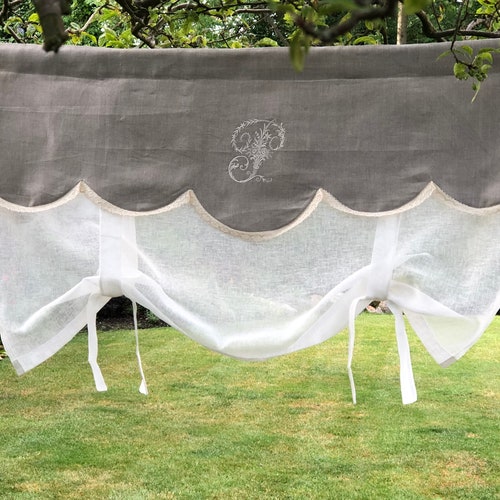 Linen Tie up Curtain With Crown Monogram Grey Valance Roll Etsy UK