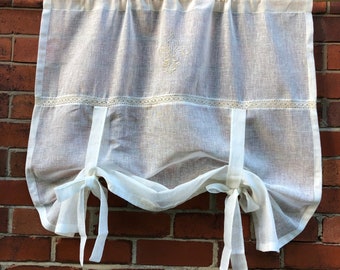 Ivory Sheer Linen Lace Tie Up Curtain, Fleur de Lis Kitchen Bathroom Curtain, French Country, Cottage Decor