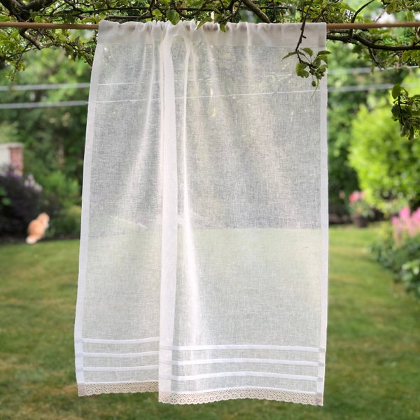 Ivory Sheer Linen Lace Bathroom Lounge Privacy Curtain,