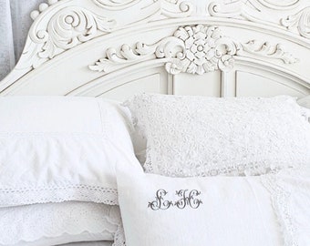 White 100% linen standard hemstitched monogram corner embroidered pillowcase