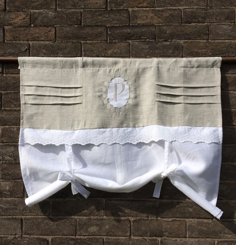 Natural White Linen Lace Tie up Curtain Monogram Bedroom Etsy