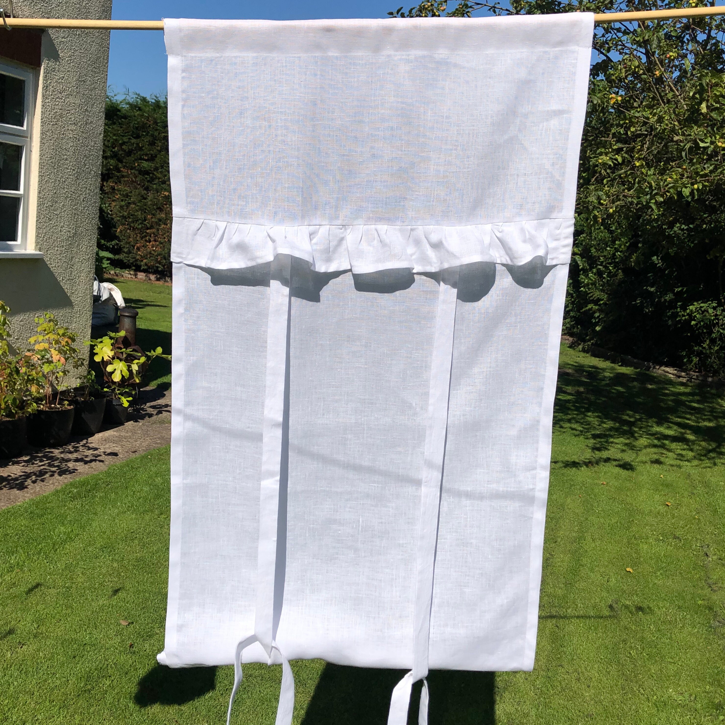 White Linen Tie Up Ruffle Curtain, Shabby Chic Romantic Bedroom Shade