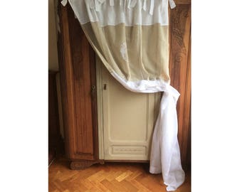 Tall French Linen Panel, Embroidered Monogram, White and Natural Beige, Sheer Bedroom Curtain