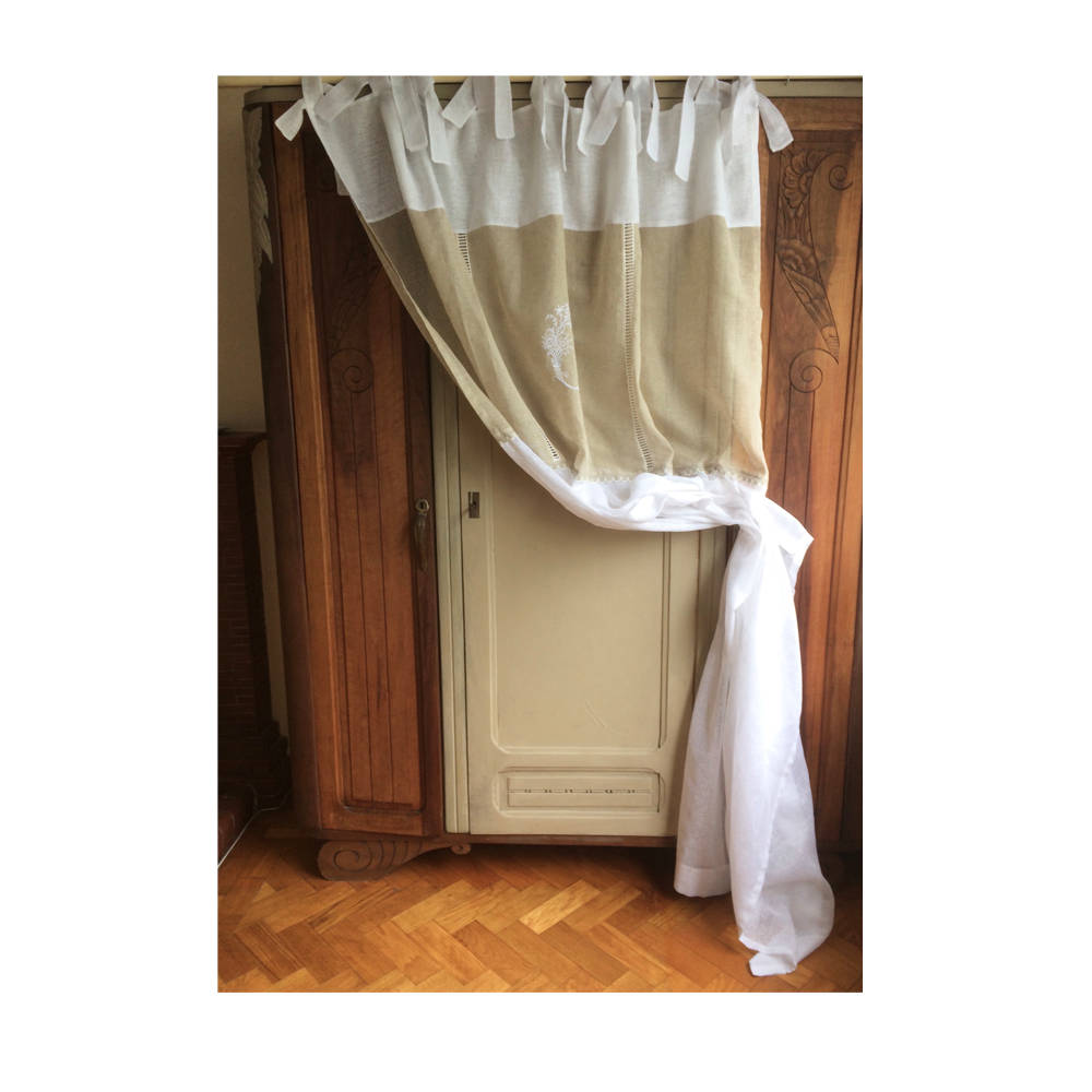 Grand Panneau de Lin Français, Monogramme Brodé, Beige Blanc et Naturel, Rideau Chambre à Coucher Tr