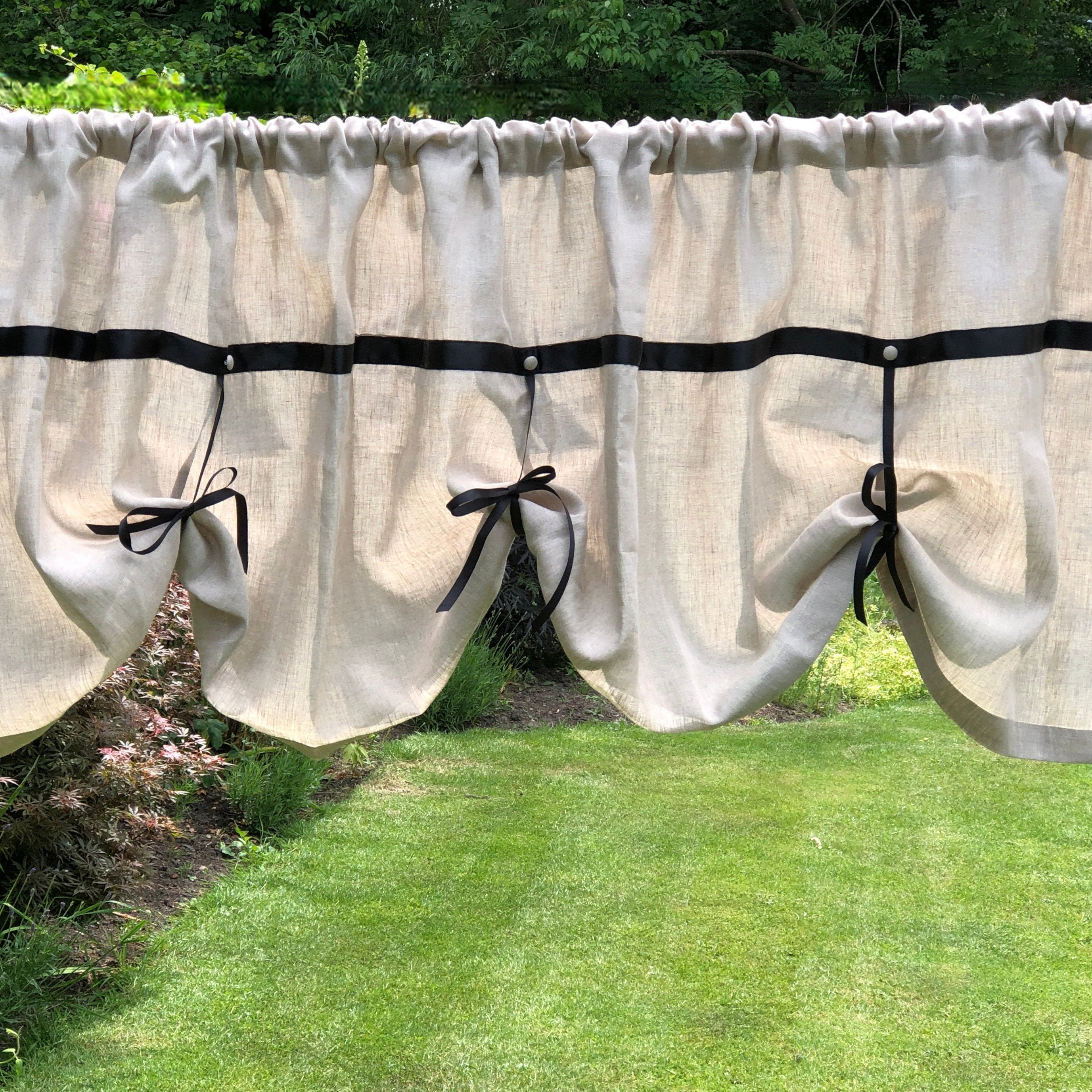 Fenêtre en Lin Naturel Valance, Ruban Noir Cravate avec Boutons Naturels, Salle de Bains Rideau Cuis