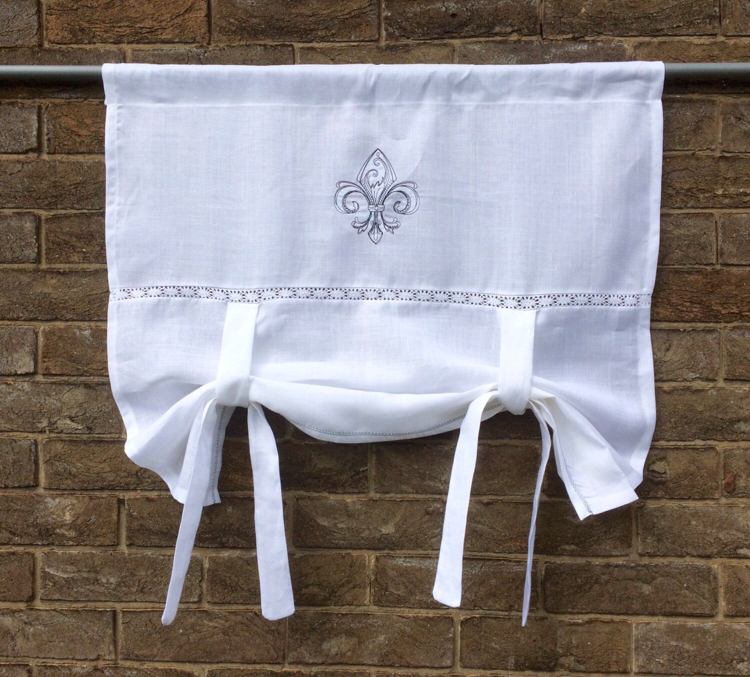 French Window Valance Linen Tie Up Curtain Monogram Rollup Etsy