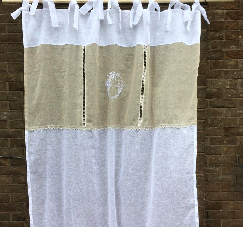 Linen Window Panel, Personalized Monogram, White Ecru Shabby Chic Drapery Curtain, French Decor image 2
