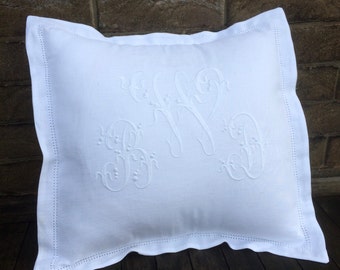 White Linen Monogram Pillow, 16 x 16, Boudoir Cushion , Embroidered Hemstitched