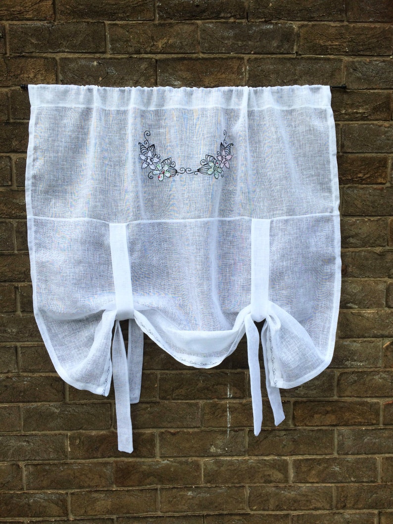 White Sheer Linen Tie up Curtain With Delicate Flower Sketch Etsy