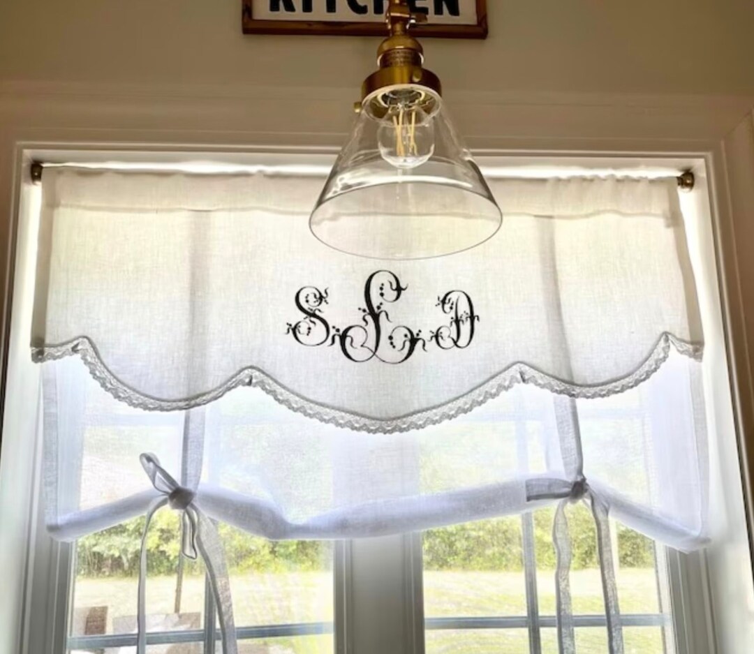 White Linen Tie up Curtain With French Monogram, Valance Curtain , Roll