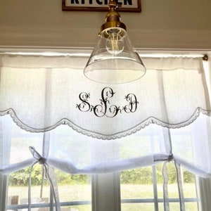 White Linen Tie Up Curtain with French Monogram, Valance Curtain , Roll up Shade, 28" length, Sheer Kitchen Curtain