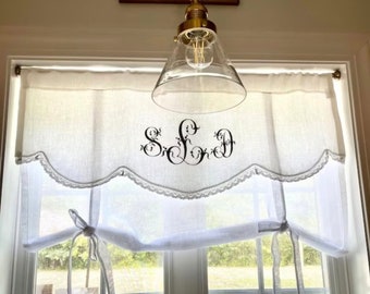White Linen Tie Up Curtain with French Monogram, Valance Curtain , Roll up Shade, 28" length, Sheer Kitchen Curtain