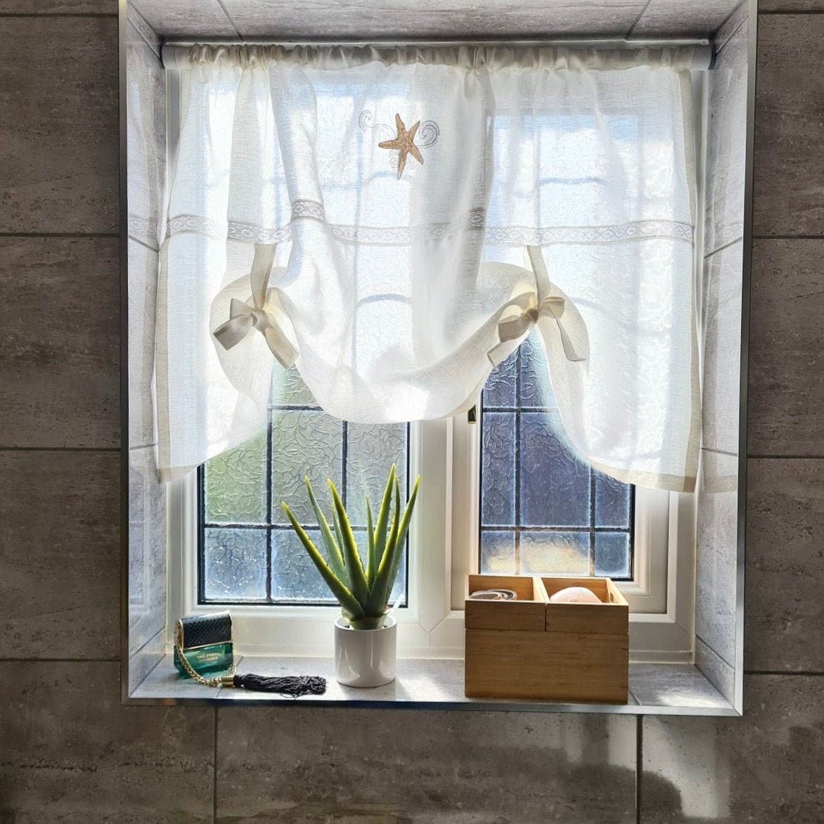 White Linen Bathroom Tie Up Curtain with Starfish Seascape Etsy