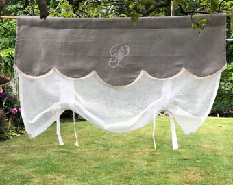 Antique Monogram Natural Linen Valance Curtain, Tie up Shade, 52" length, Cream Sheer Bathroom Tie Up Curtain