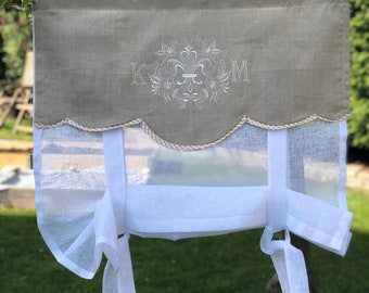 Flax Linen Tie Up Valance Curtain, Fleur de Lis Kitchen Bathroom, Check Trim, French Country, Cottage Decor