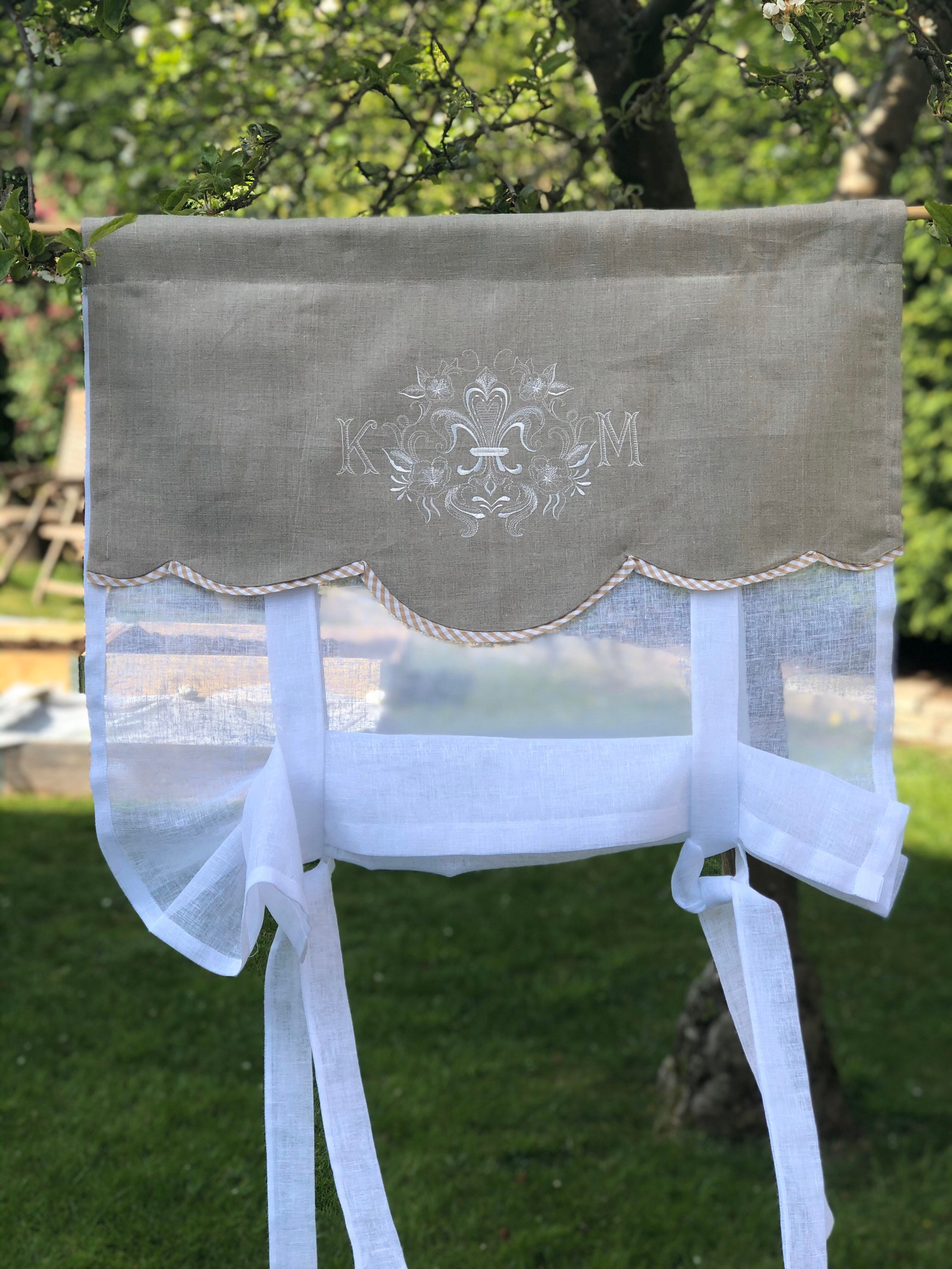 Lin Lin Tie Up Valance Curtain, Fleur de Lis Cuisine Salle Bain, Check Trim, Français Country, Cotta