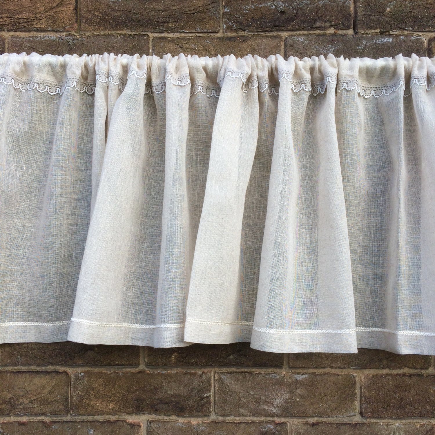 Natural Linen Lace Valance, Sheer Beige Kitchen Curtain, Cantonniere, Window Topper, Bedroom Decor