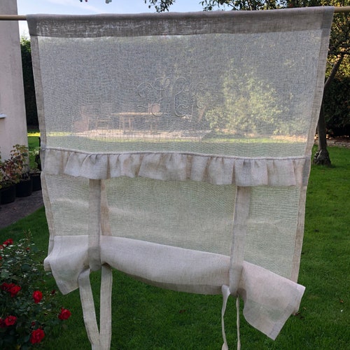 White Linen Tie up Curtain With French Monogram Valance Etsy