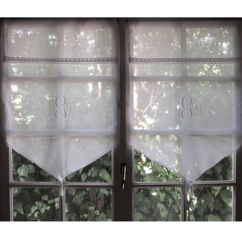 Embroidered Monogram White Tassel Kitchen Curtain Sidelight Panel French Decor Bathroom Curtain