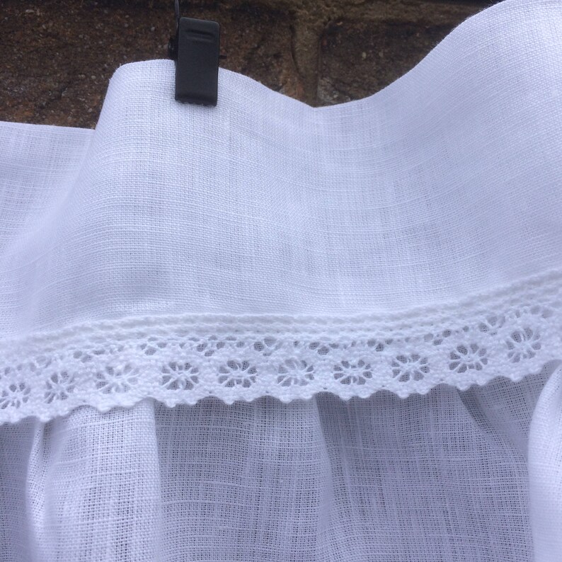 Gathered French Kitchen Curtain White Linen Lace Cafe Curtain Farmhouse