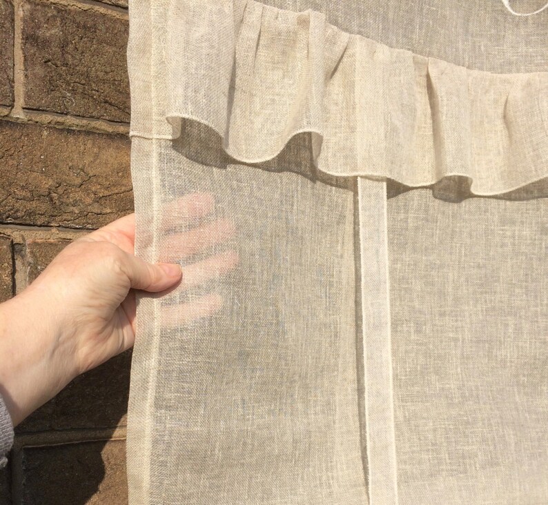 Ruffle French Window Curtain Natural Sheer Tie Up Valance Length 28 inches Personalised Embroidered Monogram