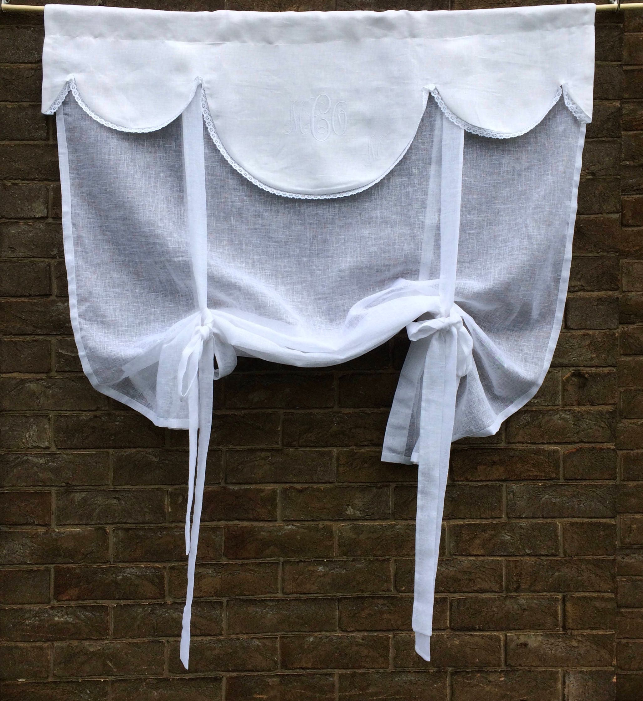 White Linen Tie Up Curtain with Curly Monogram Valance Etsy