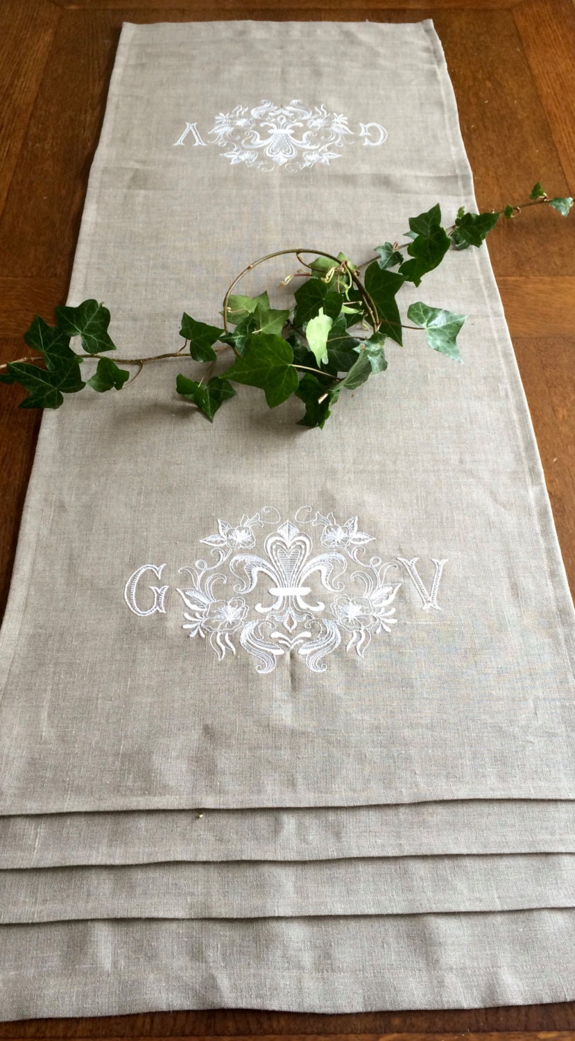 Monogram Table Runner White Custom Embroidery Natural Flax Etsy Canada