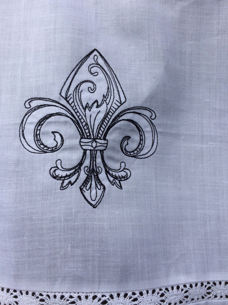 White Tie Up Window Curtain Monogram, French Style Roll up Shade, Vintage Fleur de Lis Machine Embroidery, Bedroom Curtain 52 Length image 4