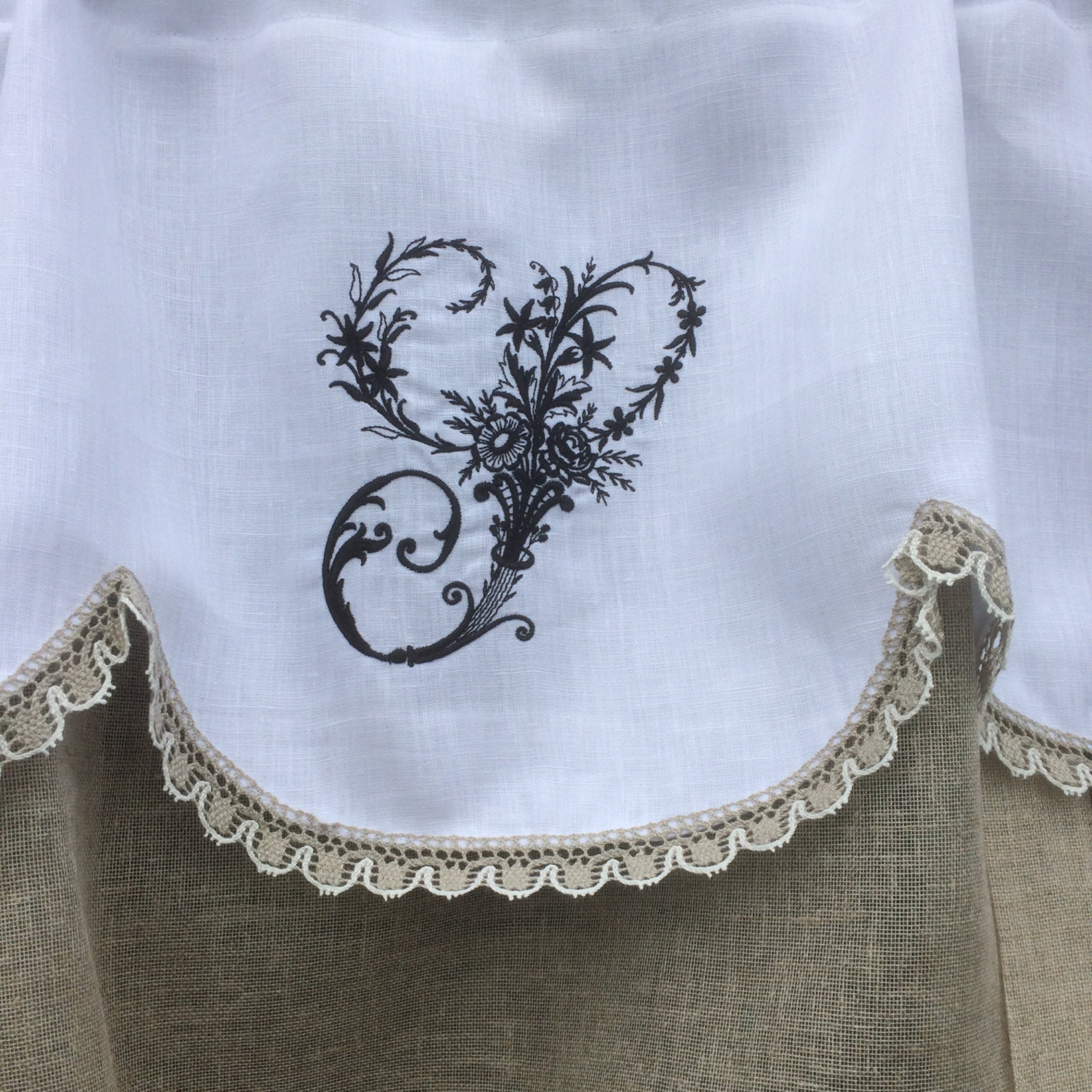 Linen Valance Antique Embroidered Monogram Natural Sheer Tie Etsy