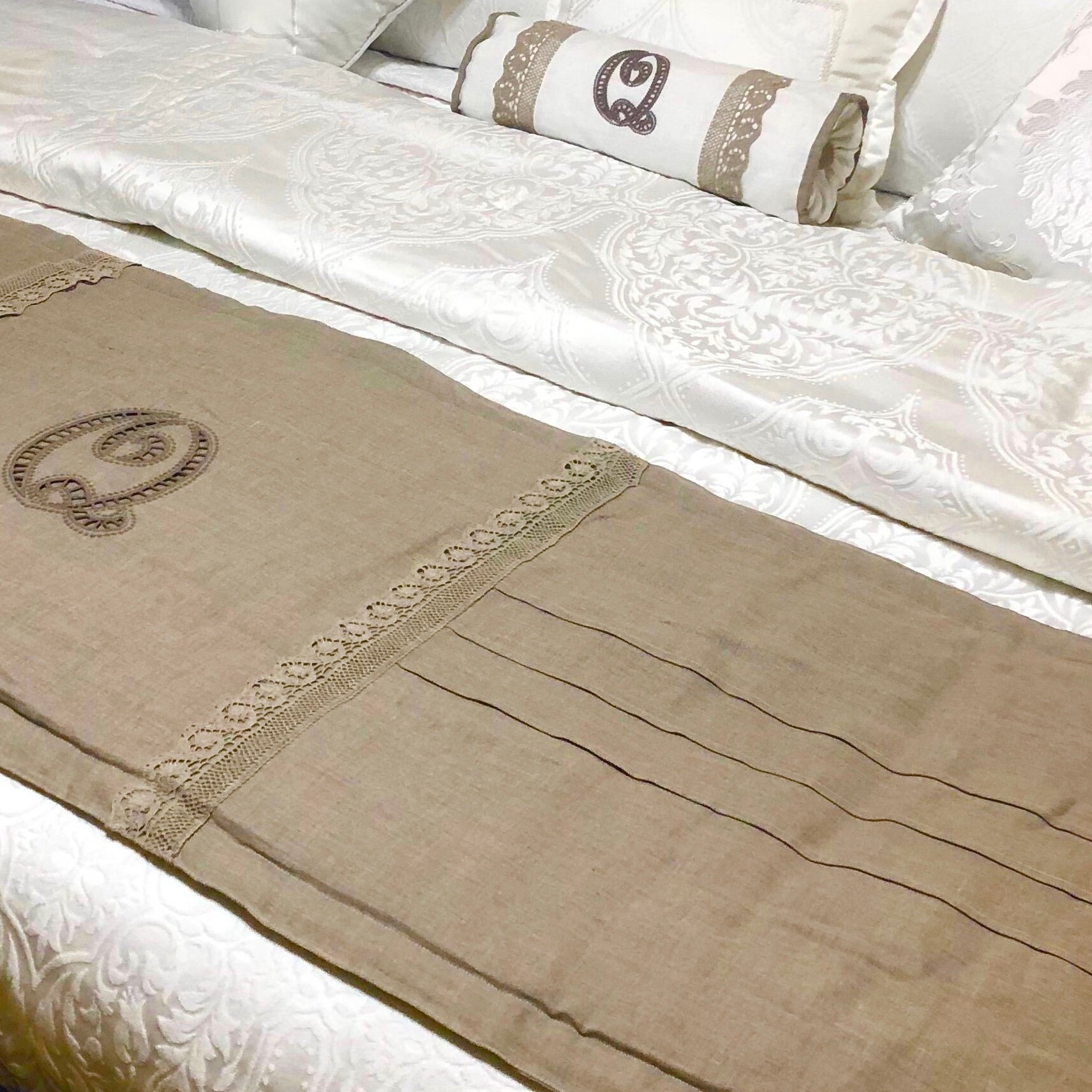 Custom Bed Runner Natural Beige linen Cutwork Personalised Etsy