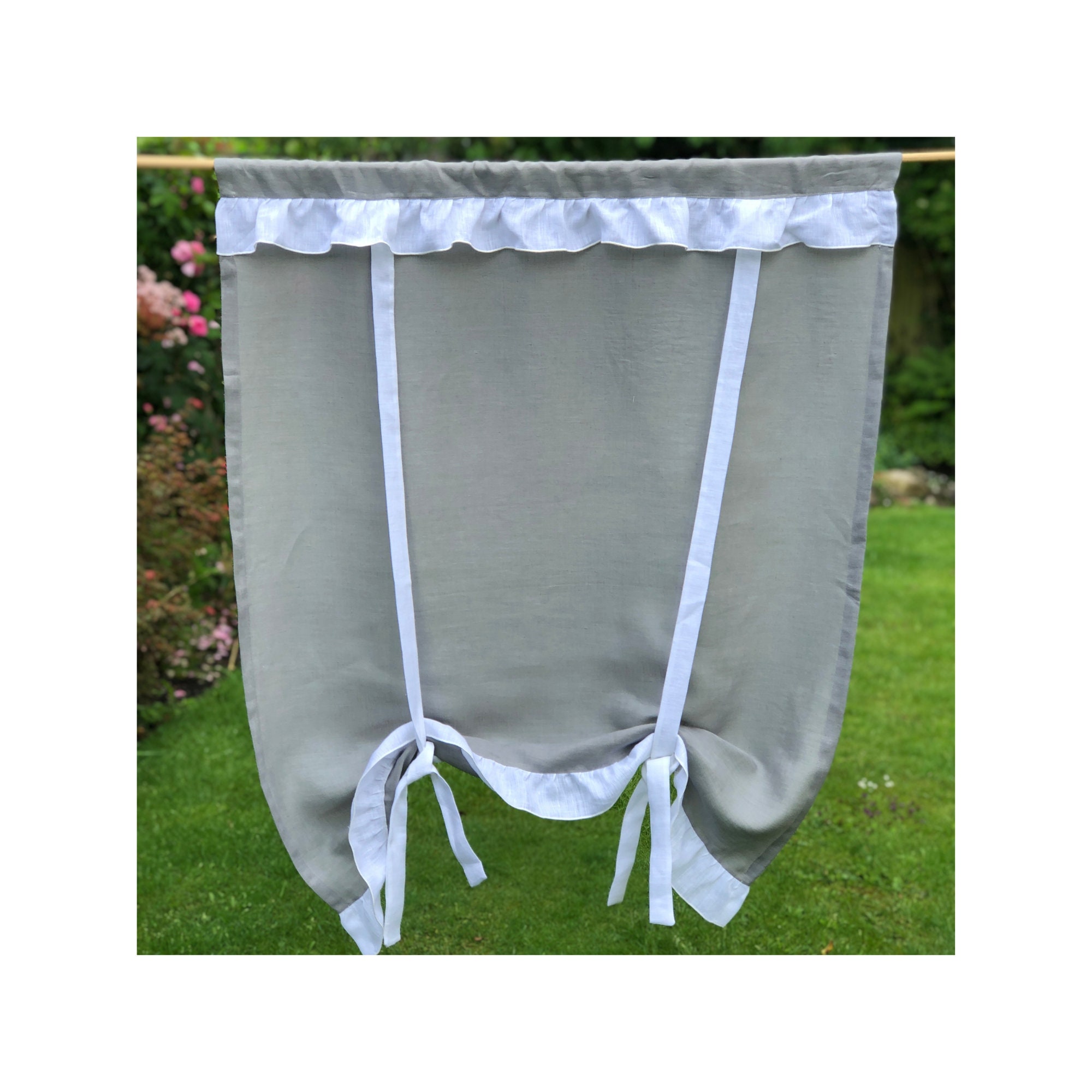 Grey White Linen Ruffle Tie Up Curtain, Shabby Chic Bedroom Bathroom Français Cottage Decor